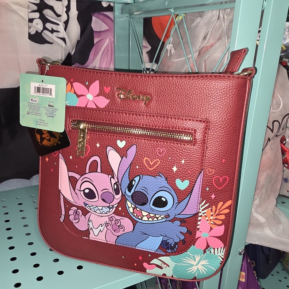 Disney Burgundy WONDAPOP Vegan LEATHER Crossbody Bag with Stitch and Angel